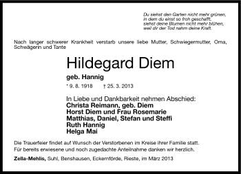 Traueranzeige von Hildegard Diem von Südthüringer Presse