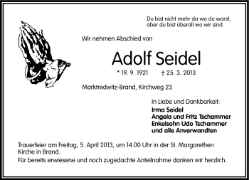 Traueranzeige von Adolf Seidel von Frankenpost