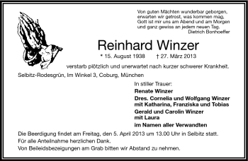 Traueranzeige von Reinhard Winzer von Frankenpost