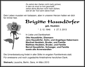 Traueranzeige von Brigitte Hausdörfer von Südthüringer Presse