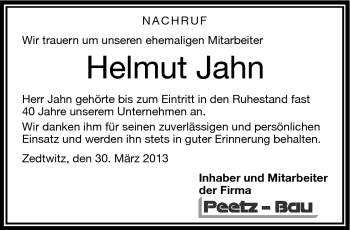 Traueranzeige von Helmut Jahn von Frankenpost