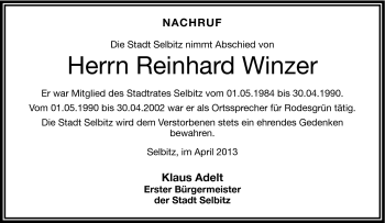 Traueranzeige von Reinhard Winzer von Frankenpost