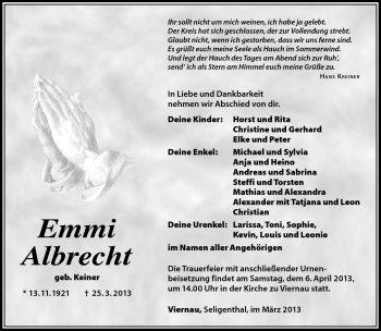 Traueranzeige von Emmi Albrecht von Südthüringer Presse