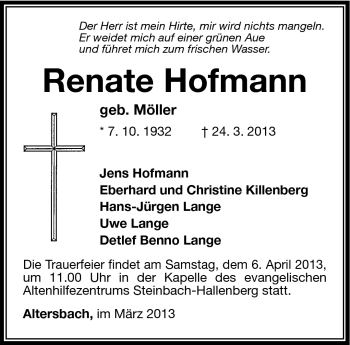 Traueranzeige von Renate Hofmann von Südthüringer Presse