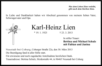 Traueranzeige von Karl-Heinz Lien von Neue Presse Coburg