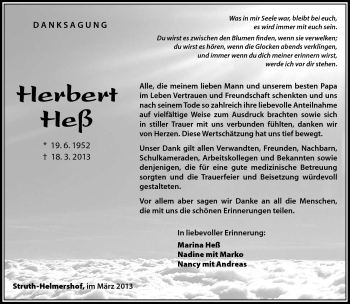 Traueranzeige von Herbert Heß von Südthüringer Presse