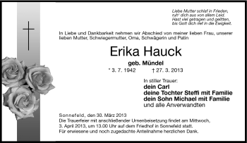 Traueranzeige von Erika Hauck von Neue Presse Coburg