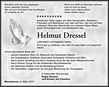 Traueranzeige von Helmut Dressel von Südthüringer Presse