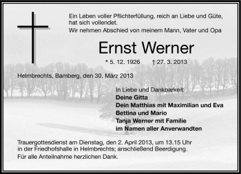 Traueranzeige von Ernst Werner von Frankenpost