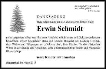 Traueranzeige von Erwin Schmidt von Südthüringer Presse