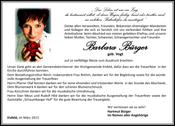 Traueranzeige von Barbara Bürger von Südthüringer Presse