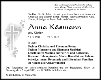Traueranzeige von Anna Käsmann von Südthüringer Presse