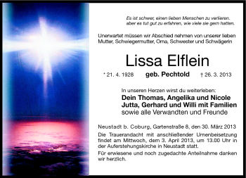 Traueranzeige von Lissa Elflein von Neue Presse Coburg