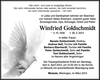 Traueranzeige von Winfried Goldschmidt von Südthüringer Presse