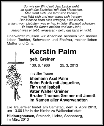 Traueranzeige von Kerstin Palm von Südthüringer Presse