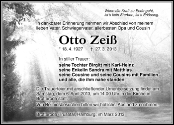 Traueranzeige von Otto Zeiß von Südthüringer Presse
