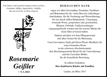 Traueranzeige von Rosemarie Geißler von Südthüringer Presse