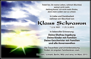 Traueranzeige von Klaus Schramm von Südthüringer Presse