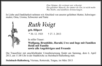 Traueranzeige von Ruth Voigt von Südthüringer Presse