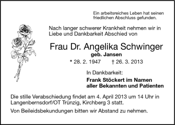 Traueranzeige von Angelika Schwinger von Frankenpost