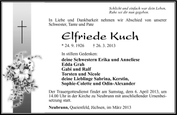 Traueranzeige von Elfriede Kuch von Südthüringer Presse