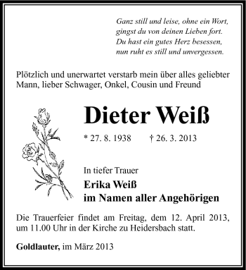 Traueranzeige von Dieter Weiß von Südthüringer Presse