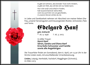 Traueranzeige von Edelgard Hanf von Südthüringer Presse