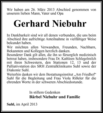 Traueranzeige von Gerhard Niebuhr von Südthüringer Presse