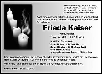 Traueranzeige von Frieda Kaiser von Südthüringer Presse