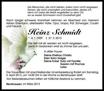 Traueranzeige von Heinz Schmidt von Südthüringer Presse