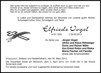 Traueranzeige von Elfriede Vogel von Neue Presse Coburg