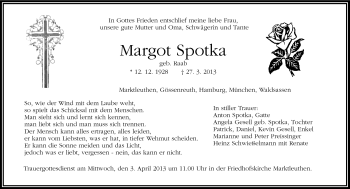 Traueranzeige von Margot Spotka von Frankenpost