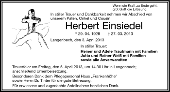 Traueranzeige von Herbert Einsiedel von Frankenpost