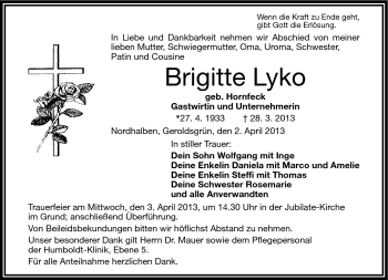 Traueranzeige von Brigitte Lyko von Frankenpost