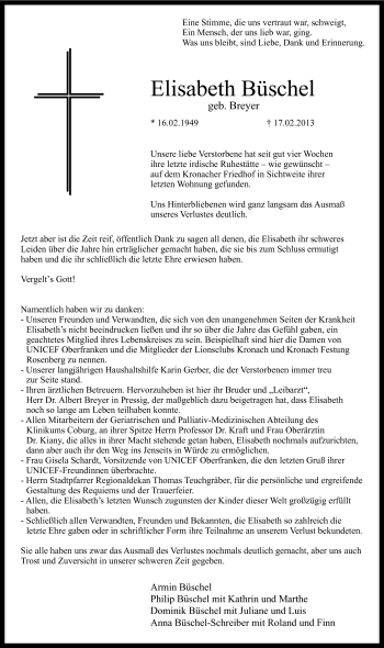 Traueranzeige von Elisabeth Büschel von Neue Presse Coburg