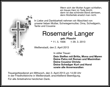 Traueranzeige von Rosemarie Langer von Frankenpost