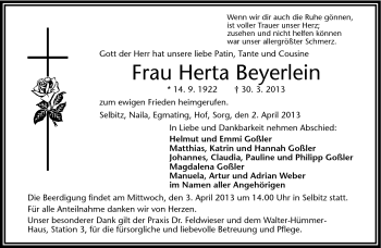 Traueranzeige von Herta Beyerlein von Frankenpost