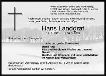 Traueranzeige von Hans Landgraf von Frankenpost