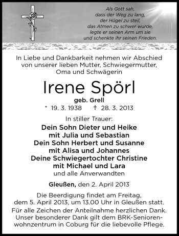 Traueranzeige von Irene Spörl von Neue Presse Coburg