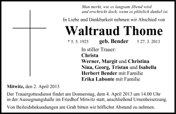 Traueranzeige von Waltraud Thome von Neue Presse Coburg