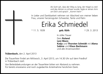 Traueranzeige von Erika Schmiedel von Neue Presse Coburg