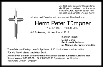 Traueranzeige von Peter Tümpner von Frankenpost