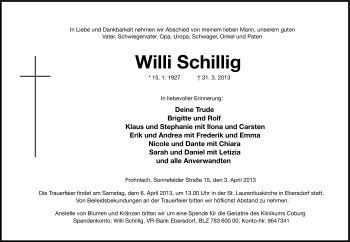 Traueranzeige von Willi Schillig von Neue Presse Coburg