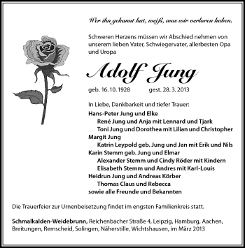 Traueranzeige von Adolf Jung von Südthüringer Presse