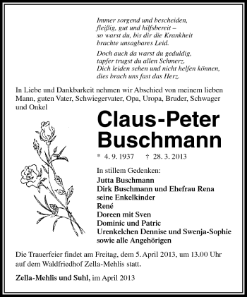 Traueranzeige von Claus-Peter Buschmann von Südthüringer Presse
