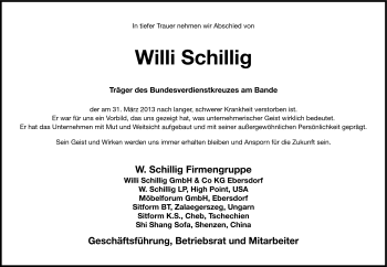 Traueranzeige von Willi Schillig von Neue Presse Coburg