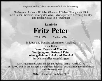 Traueranzeige von Fritz Peter von Südthüringer Presse
