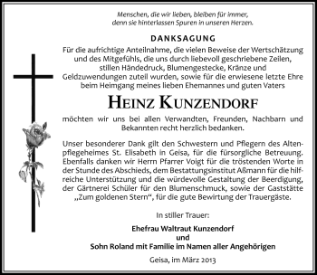 Traueranzeige von Heinz Kunzendorf von Südthüringer Presse