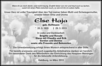 Traueranzeige von Else Haja von Südthüringer Presse