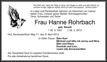 Traueranzeige von Hanne Rohrbach von Frankenpost